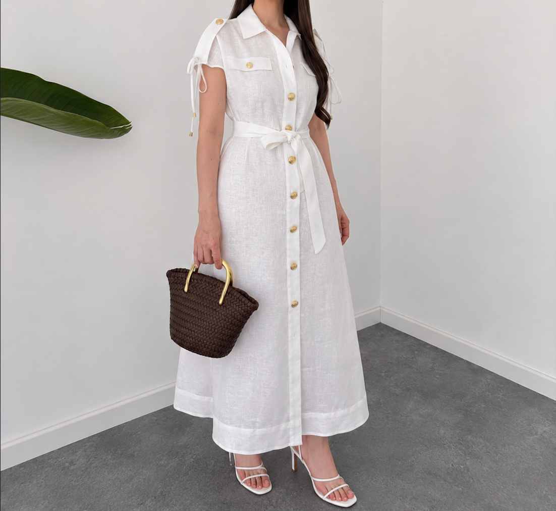 Faminside Élodie White Linen Blend Button-Down Maxi Dress