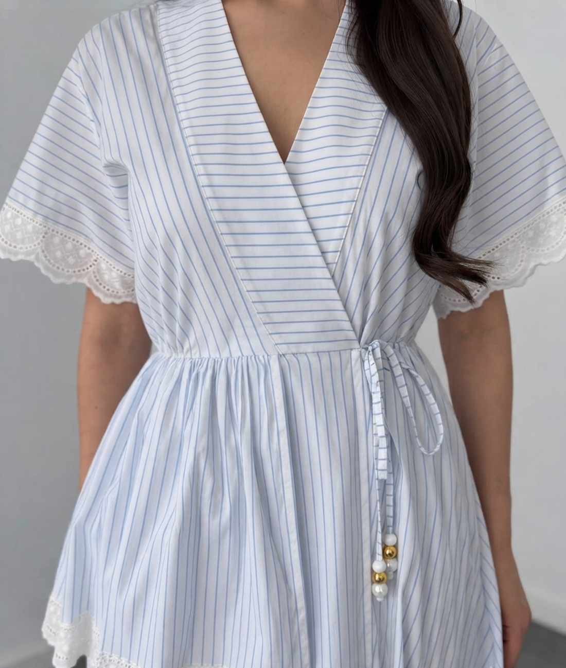 Faminside Celeste Sky Blue Striped Wrap Maxi Dress