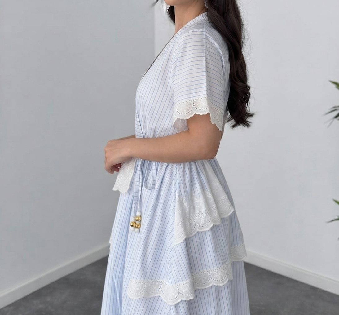 Faminside Celeste Sky Blue Striped Wrap Maxi Dress
