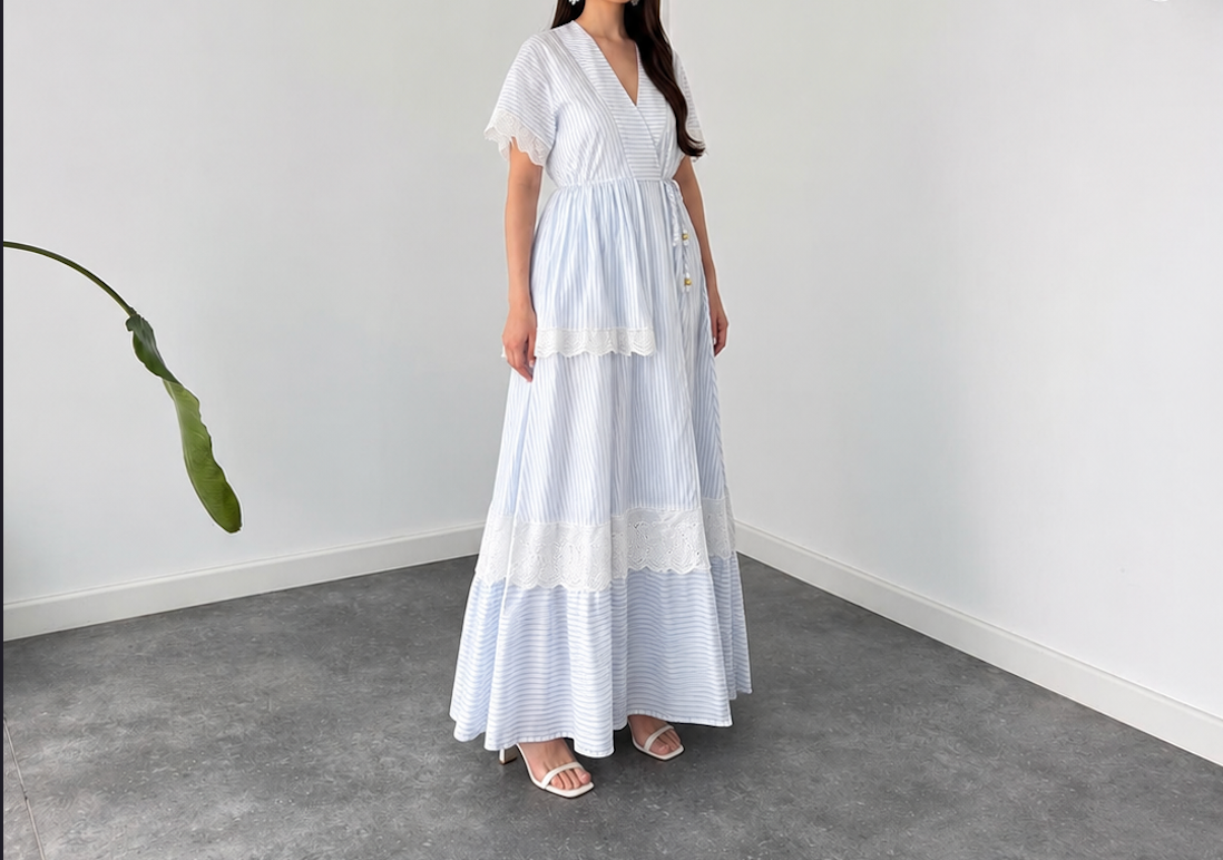 Faminside Celeste Sky Blue Striped Wrap Maxi Dress