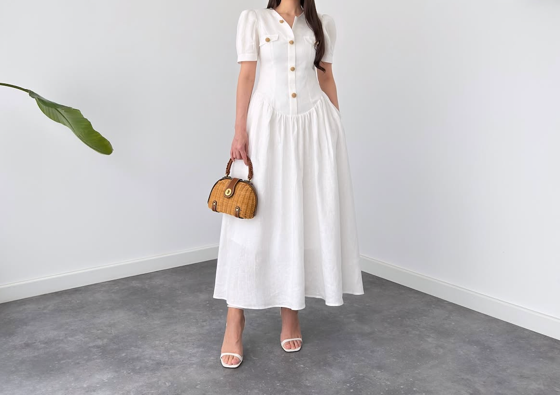 Faminside Riviera White Belted Linen Maxi Dress