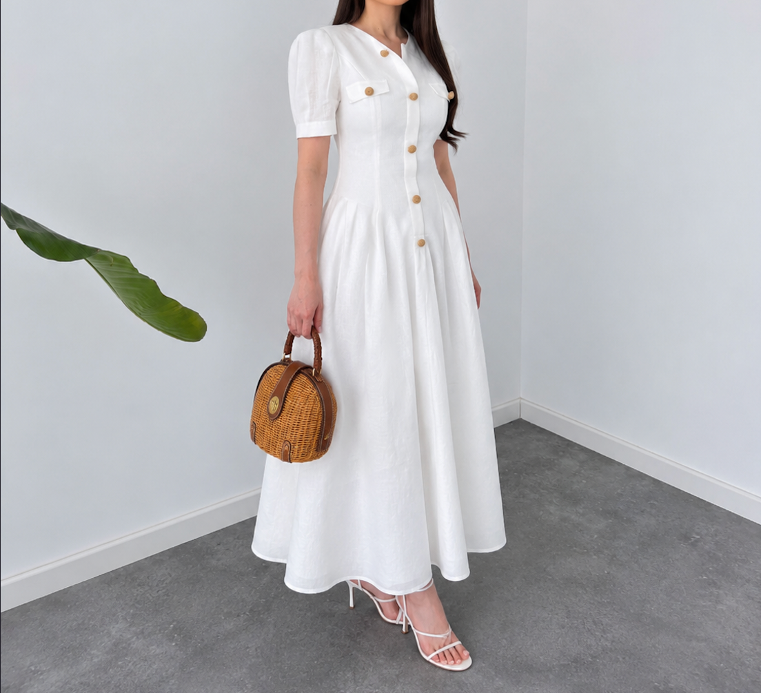 Faminside Riviera White Belted Linen Maxi Dress