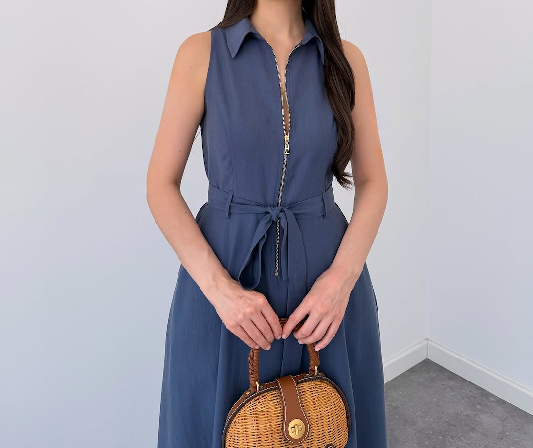 Blue Sleeveless Zip-Front Belted Maxi Dress | Elegant A-Line Casual Dress