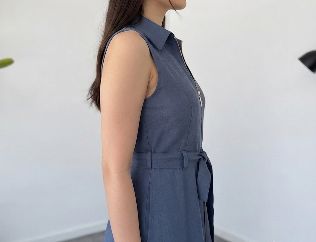 Blue Sleeveless Zip-Front Belted Maxi Dress | Elegant A-Line Casual Dress