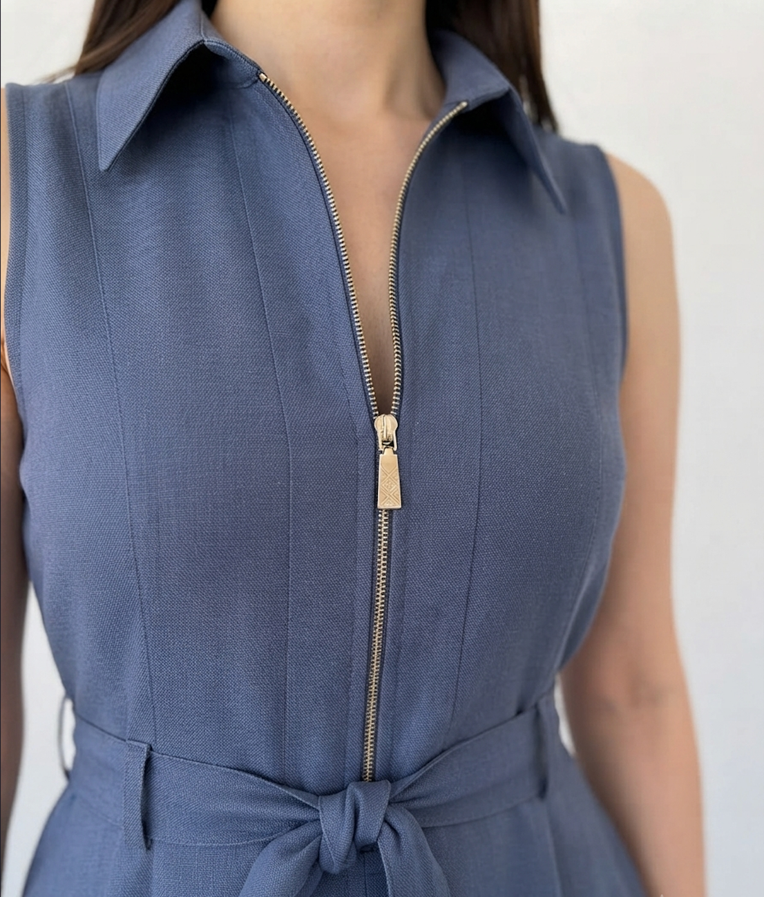 Blue Sleeveless Zip-Front Belted Maxi Dress | Elegant A-Line Casual Dress