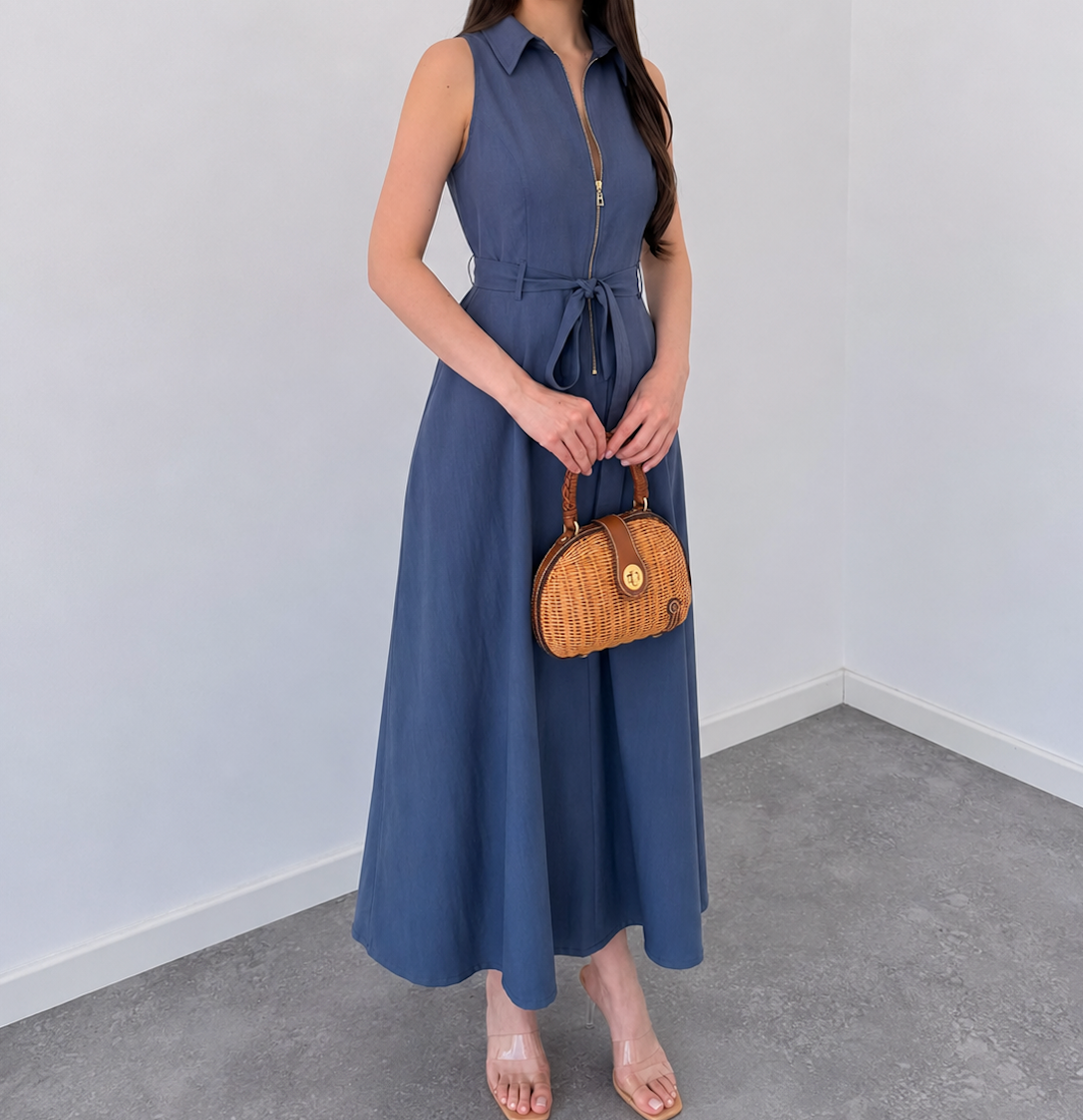 Blue Sleeveless Zip-Front Belted Maxi Dress | Elegant A-Line Casual Dress