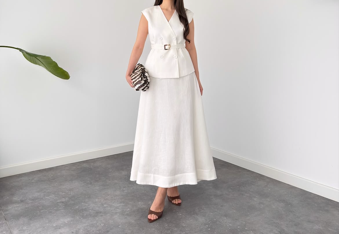 Elegant White Linen Co-Ord Set | Sleeveless Embroidered Vest & Wide-Leg Pants - By Faminside