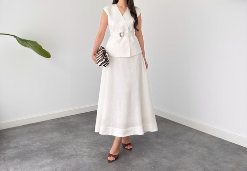 Elegant White Linen Co-Ord Set | Sleeveless Embroidered Vest & Wide-Leg Pants - By Faminside