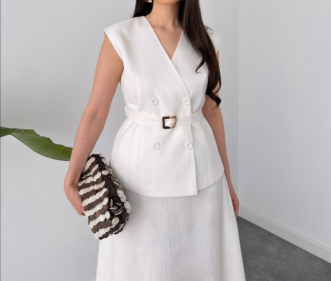 Elegant White Linen Co-Ord Set | Sleeveless Embroidered Vest & Wide-Leg Pants - By Faminside