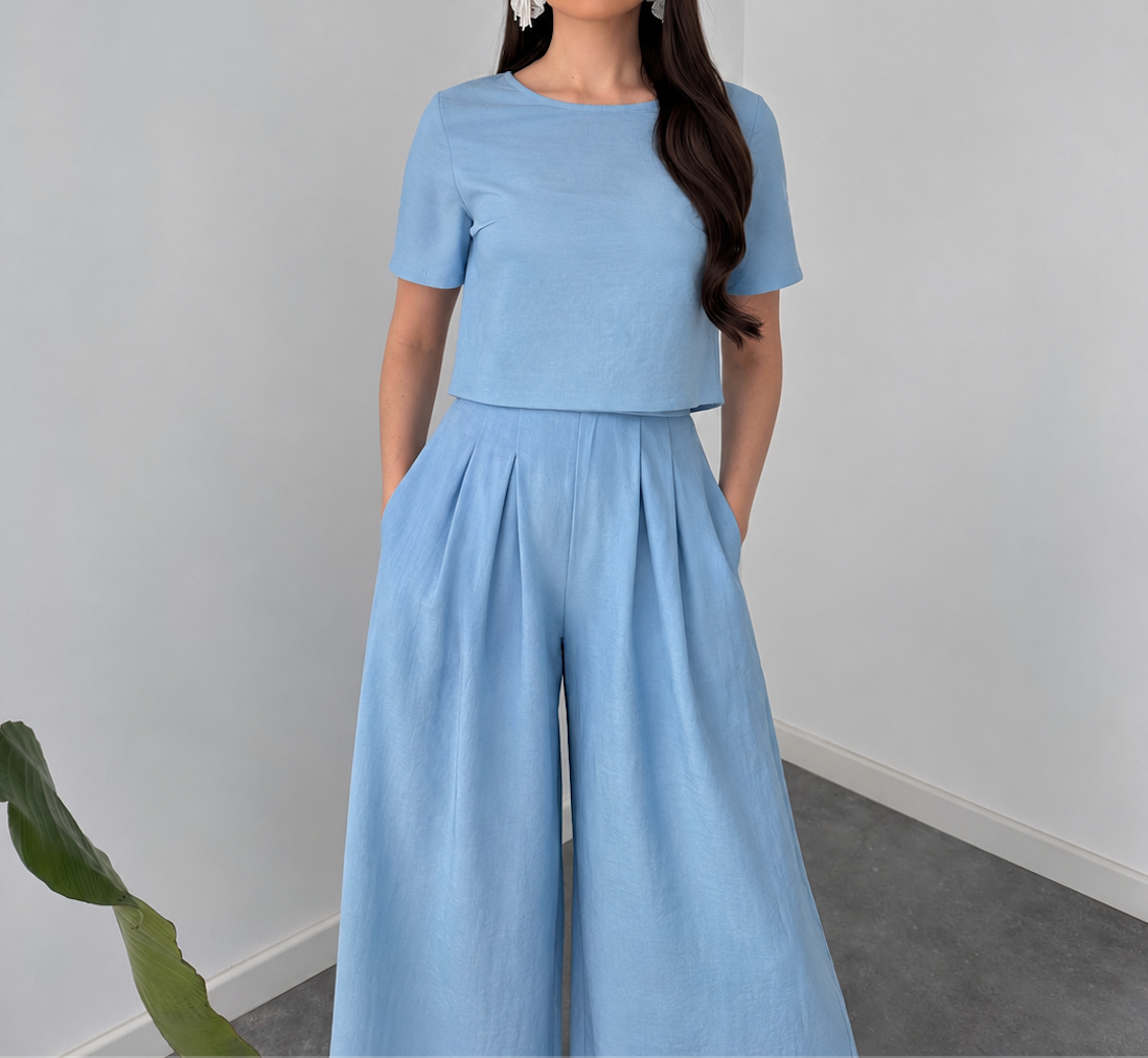 Sky Blue Crop Top & Wide-Leg Palazzo Co-Ord Set By Faminside