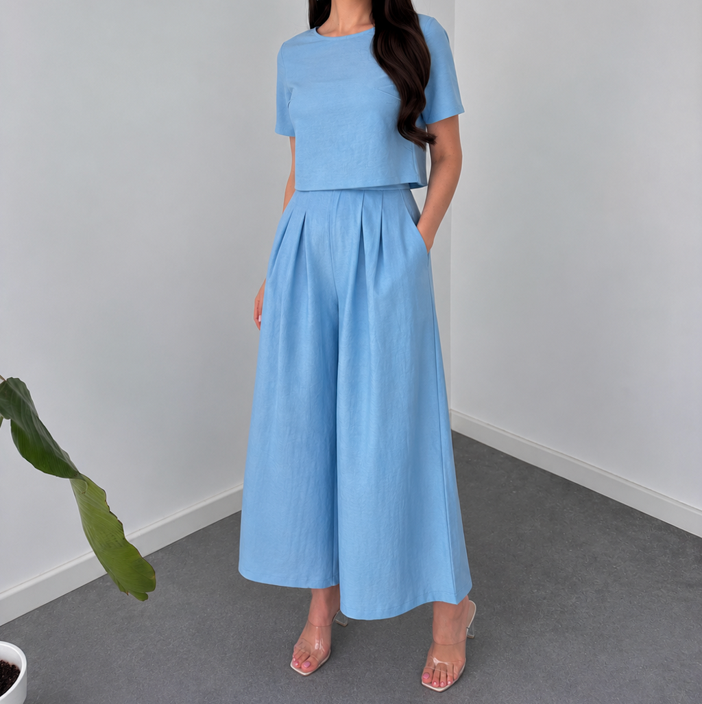 Sky Blue Crop Top & Wide-Leg Palazzo Co-Ord Set By Faminside