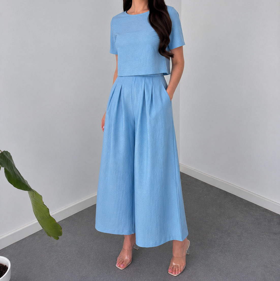 Sky Blue Crop Top & Wide-Leg Palazzo Co-Ord Set By Faminside