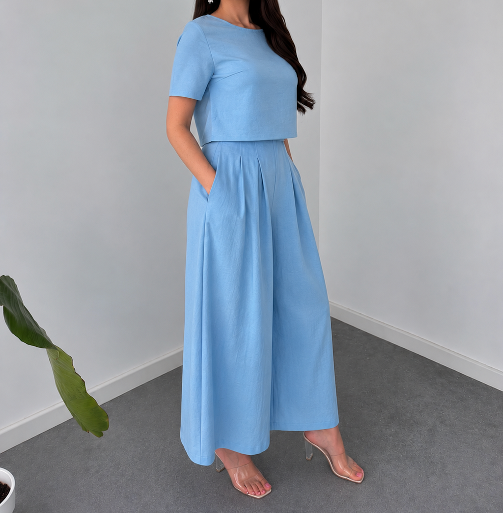 Sky Blue Crop Top & Wide-Leg Palazzo Co-Ord Set By Faminside