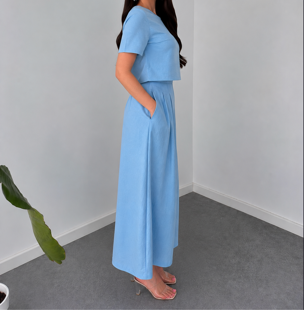 Sky Blue Crop Top & Wide-Leg Palazzo Co-Ord Set By Faminside