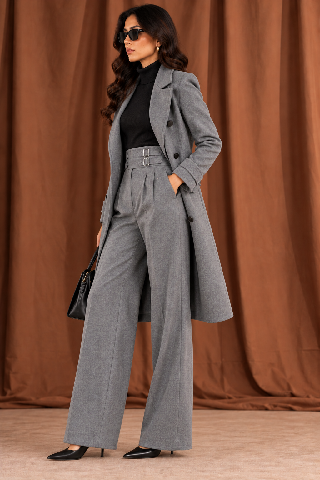 Women's Ash Grey Double-Breasted Tailored Long Coat - By FAMINSIDE