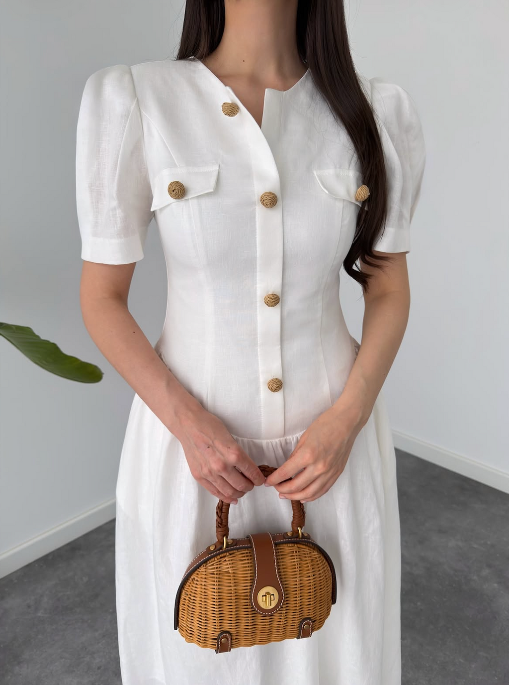 White Button-Front Midi Dress with Puff Sleeves By Faminside