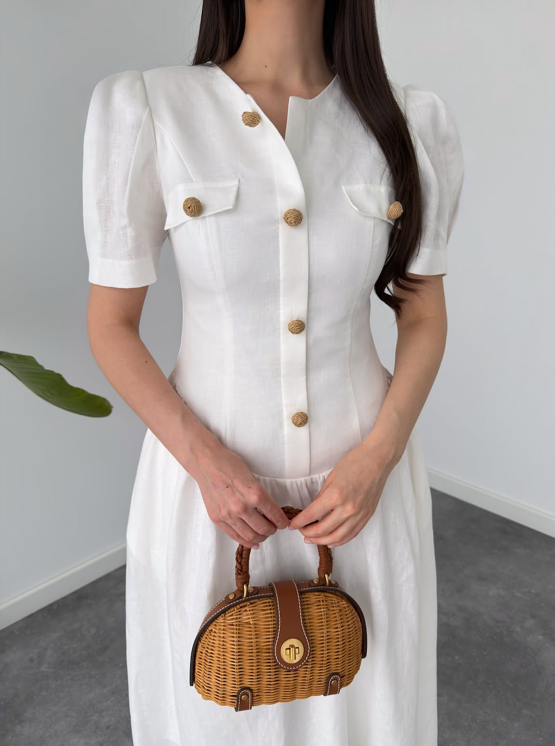 White Button-Front Midi Dress with Puff Sleeves By Faminside