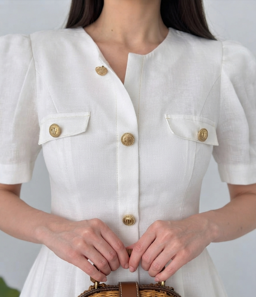 White Button-Front Midi Dress with Puff Sleeves By Faminside