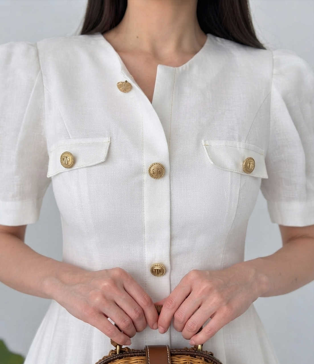 White Button-Front Midi Dress with Puff Sleeves By Faminside