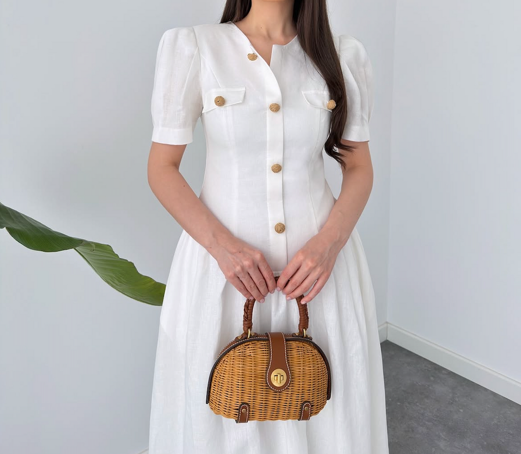 White Button-Front Midi Dress with Puff Sleeves By Faminside