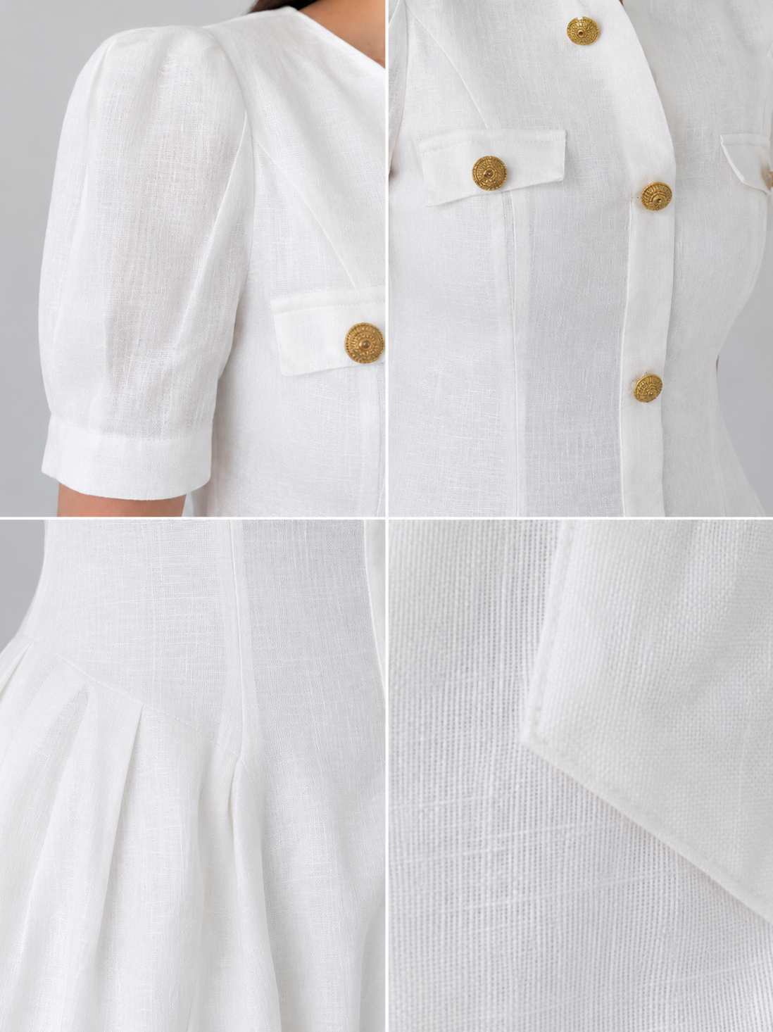 White Button-Front Midi Dress with Puff Sleeves By Faminside
