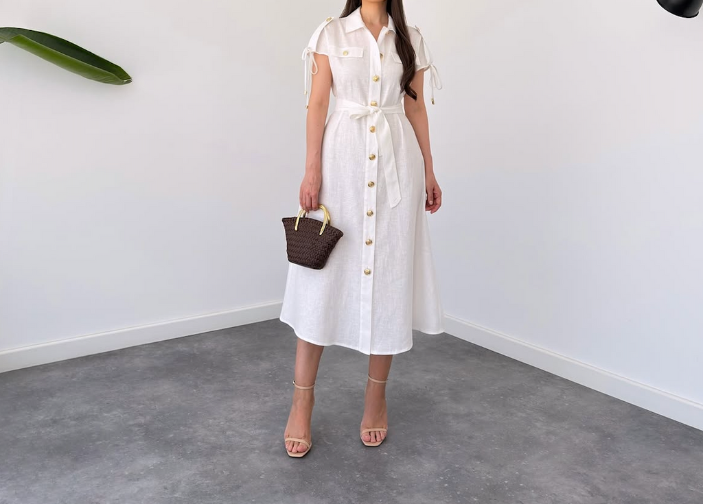 White Linen-Blend Belted Midi Dress By Faminside