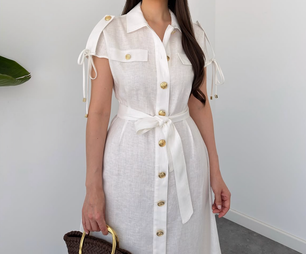 White Linen-Blend Belted Midi Dress By Faminside
