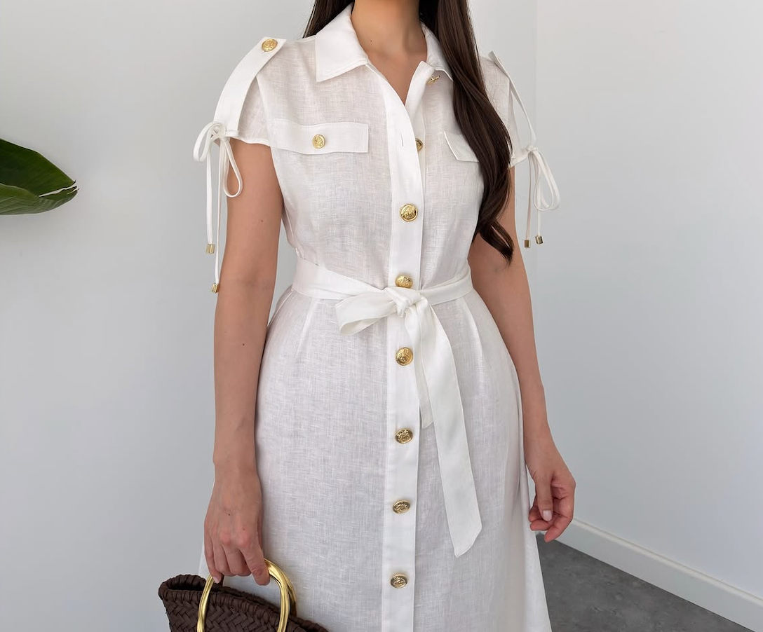 White Linen-Blend Belted Midi Dress By Faminside