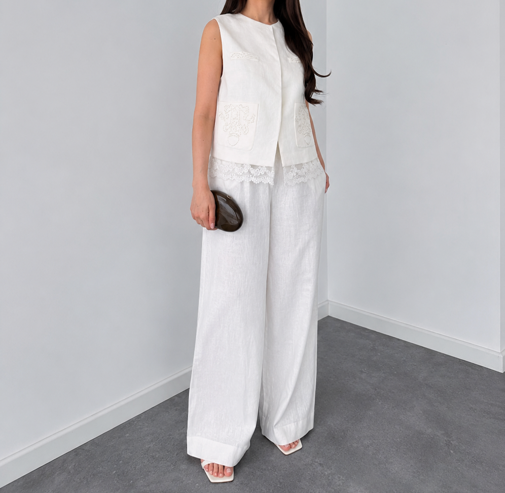 White Sleeveless Lace-Trim Co-Ord Set By Faminside