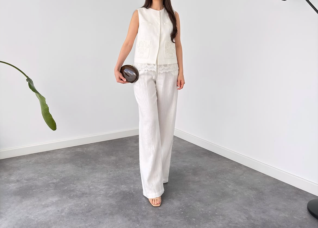 White Sleeveless Lace-Trim Co-Ord Set By Faminside