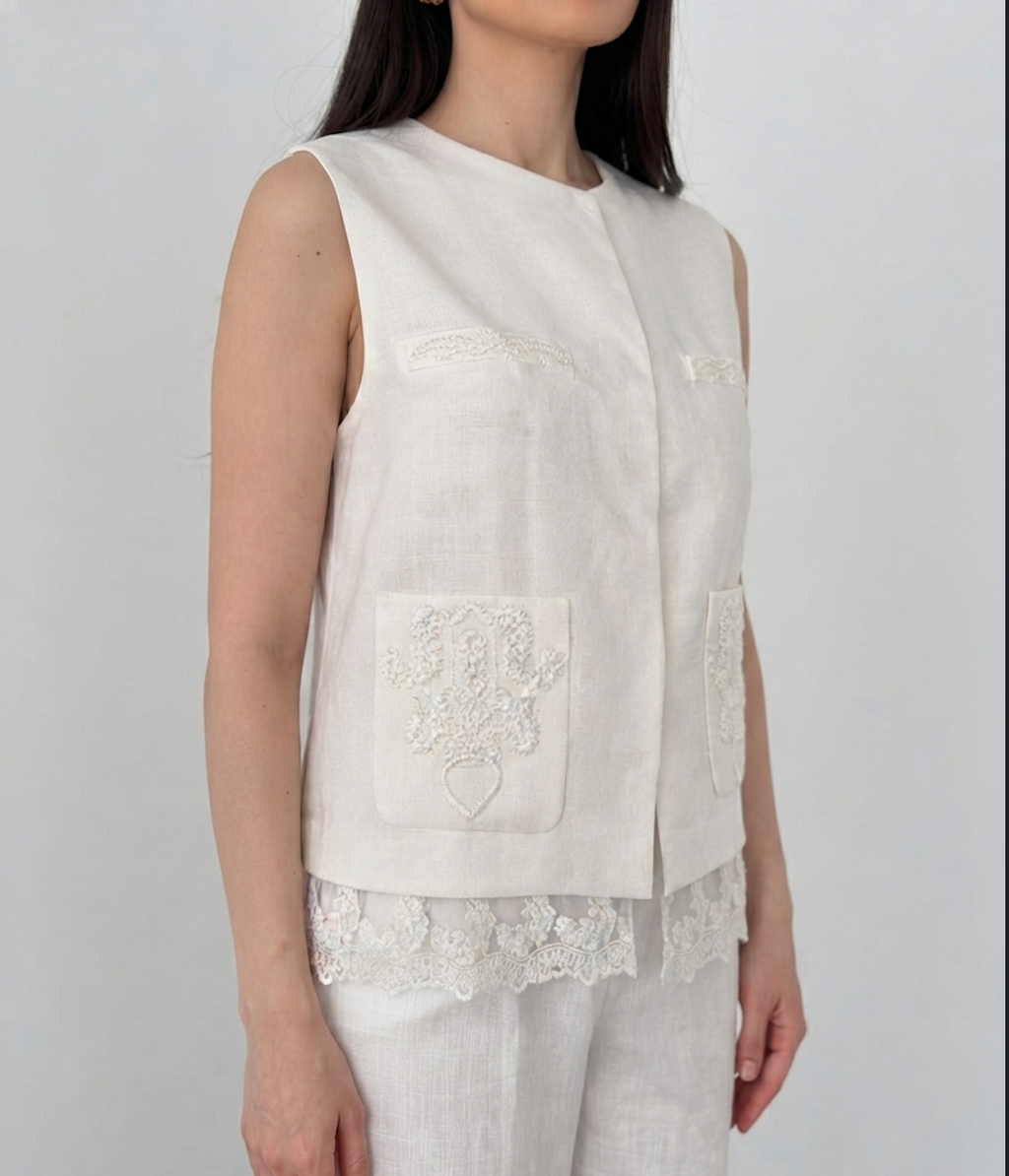 White Sleeveless Lace-Trim Co-Ord Set By Faminside