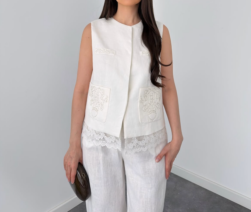 White Sleeveless Lace-Trim Co-Ord Set By Faminside
