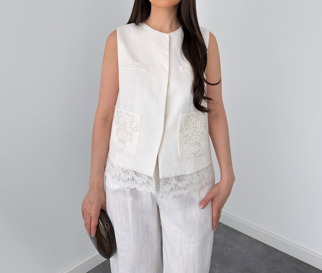 White Sleeveless Lace-Trim Co-Ord Set By Faminside