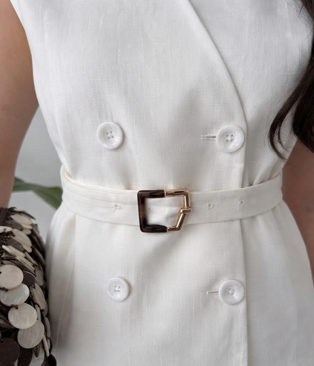 White Linen-Blend Double-Breasted Wrap Dress with Belt By Faminside
