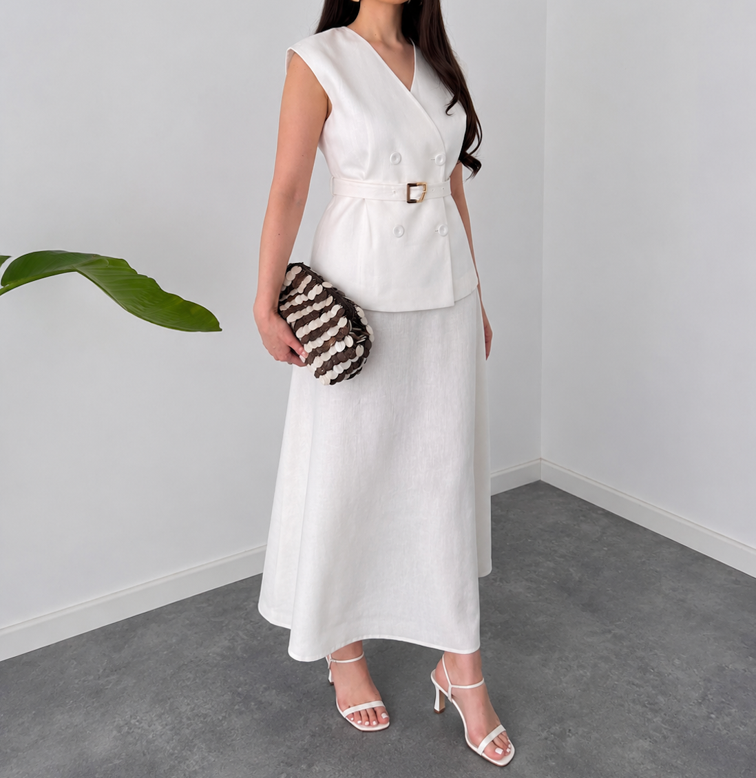 White Linen-Blend Double-Breasted Wrap Dress with Belt By Faminside
