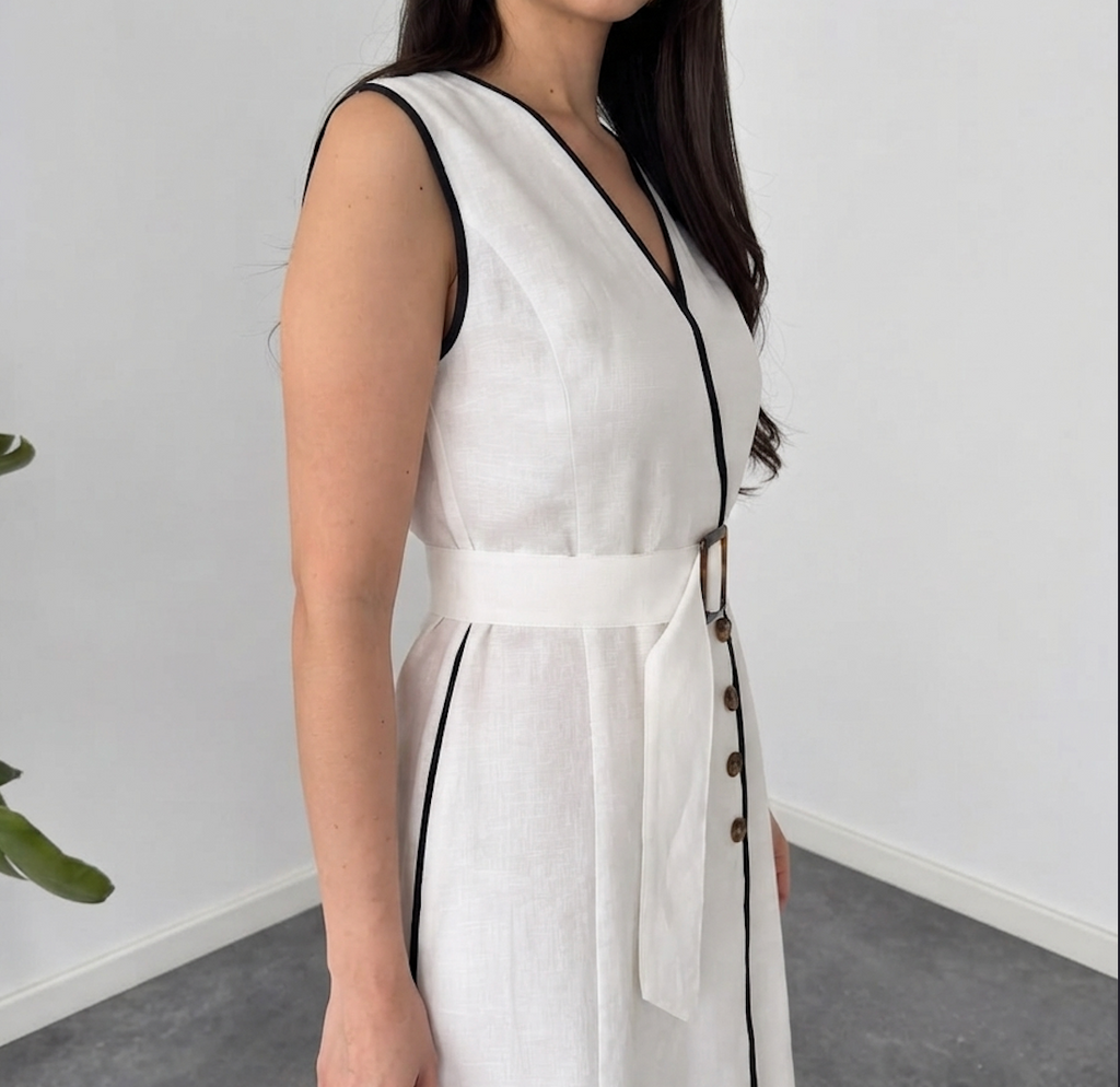 White Linen Sleeveless Wrap Dress with Black Trim By Faminside