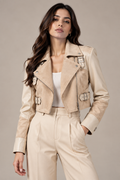 Faminside Beige Suede & PU Leather Statement Jacket