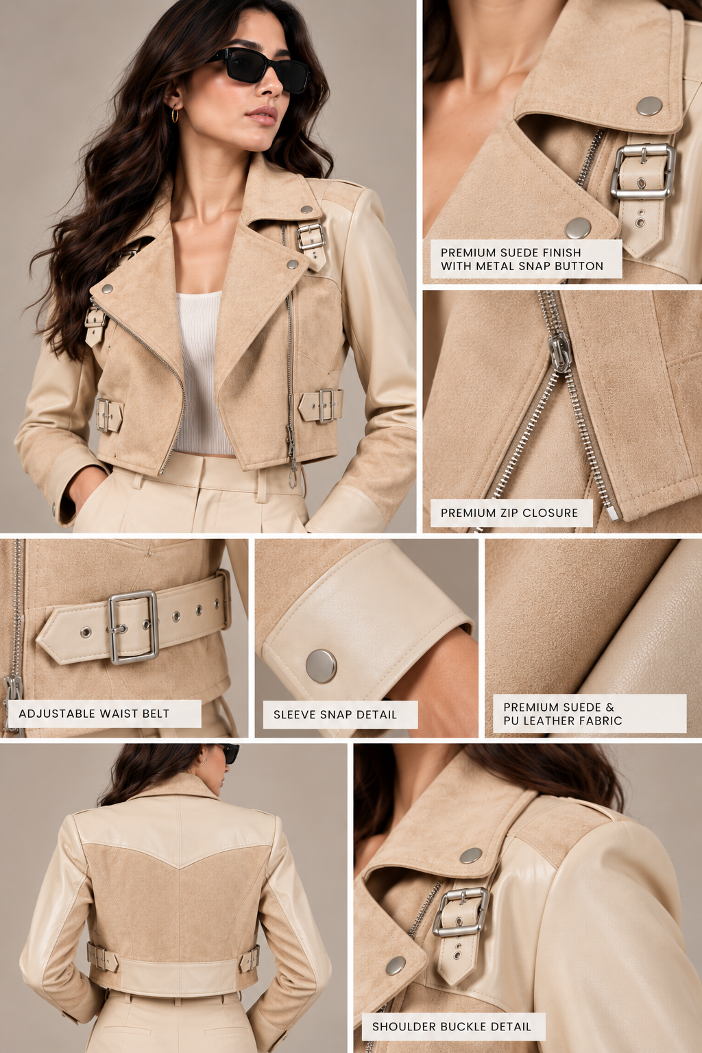 Faminside Beige Suede & PU Leather Statement Jacket