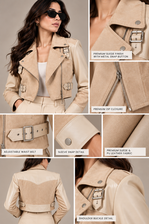 Faminside Beige Suede & PU Leather Statement Jacket