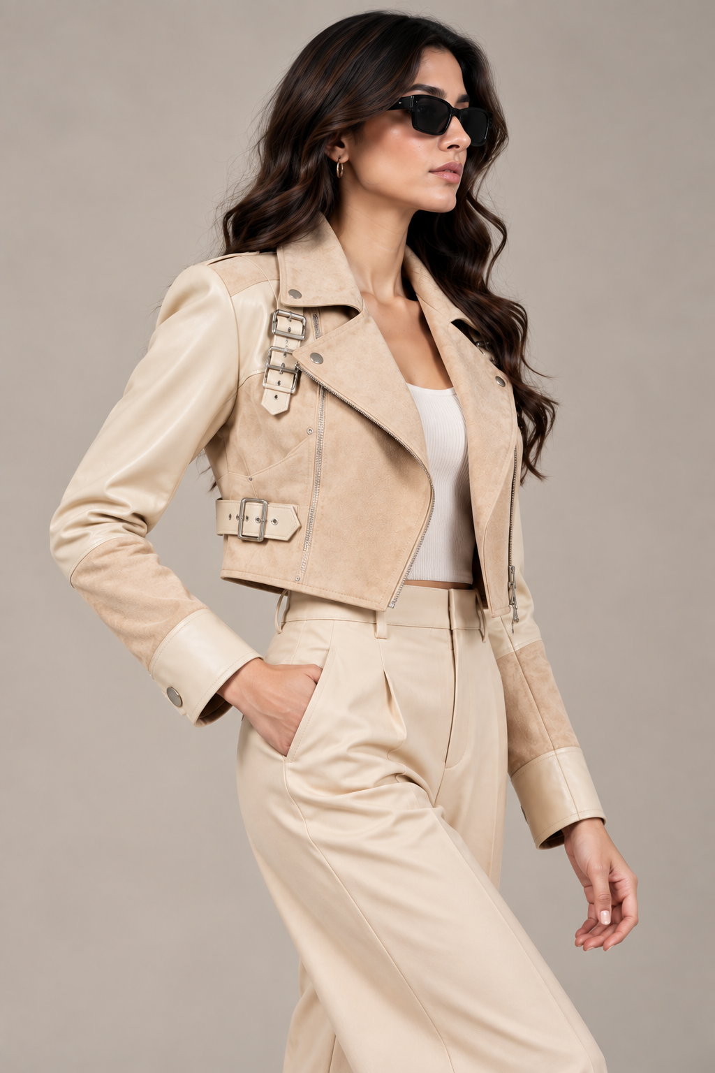 Faminside Beige Suede & PU Leather Statement Jacket