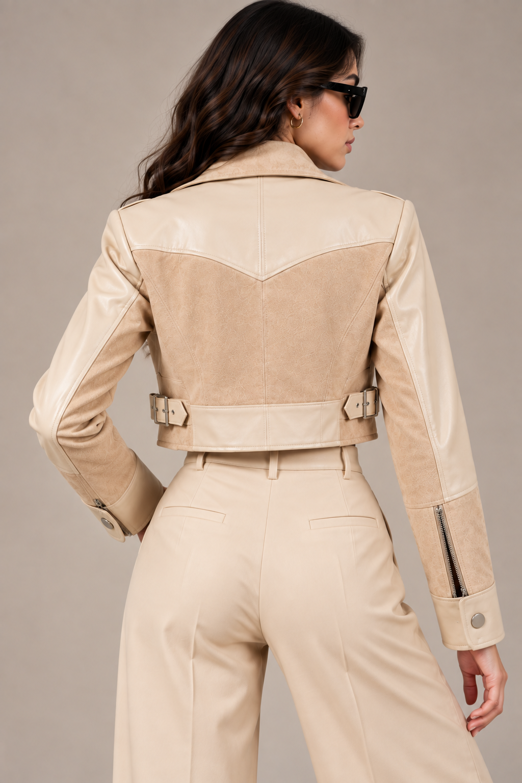 Faminside Beige Suede & PU Leather Statement Jacket