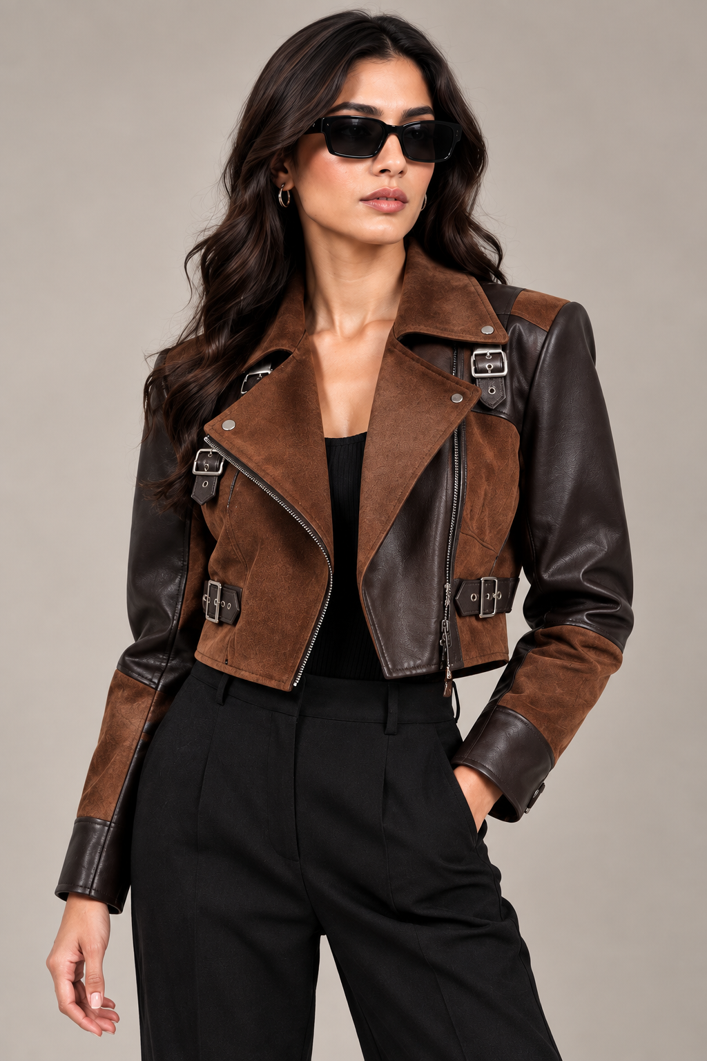 Faminside Brown Suede & Chocolate PU Leather Statement Jacket
