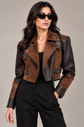 Faminside Brown Suede & Chocolate PU Leather Statement Jacket