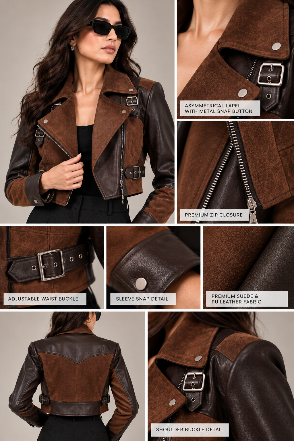 Faminside Brown Suede & Chocolate PU Leather Statement Jacket