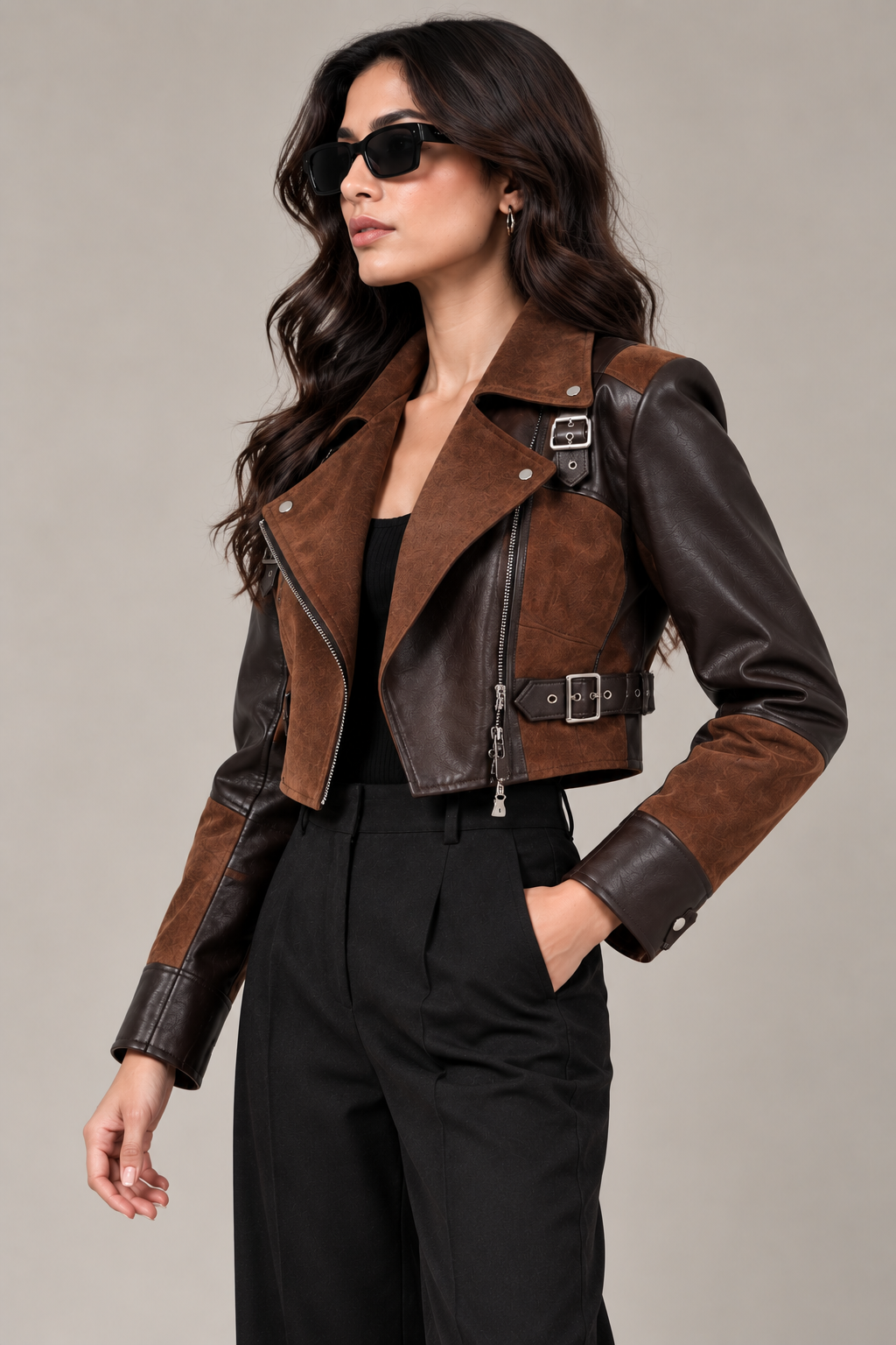 Faminside Brown Suede & Chocolate PU Leather Statement Jacket