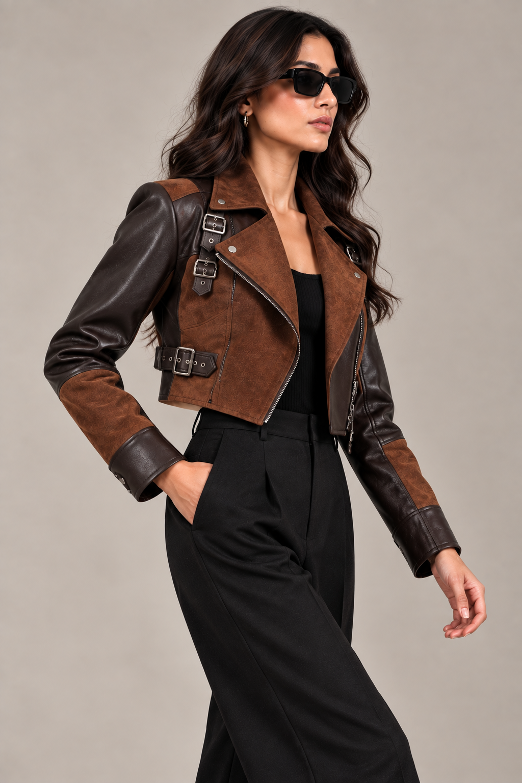 Faminside Brown Suede & Chocolate PU Leather Statement Jacket