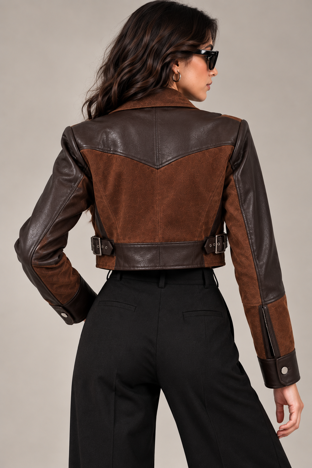Faminside Brown Suede & Chocolate PU Leather Statement Jacket