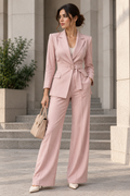 Faminside Blush Pink Pinstripe Belted Wide-Leg Suit