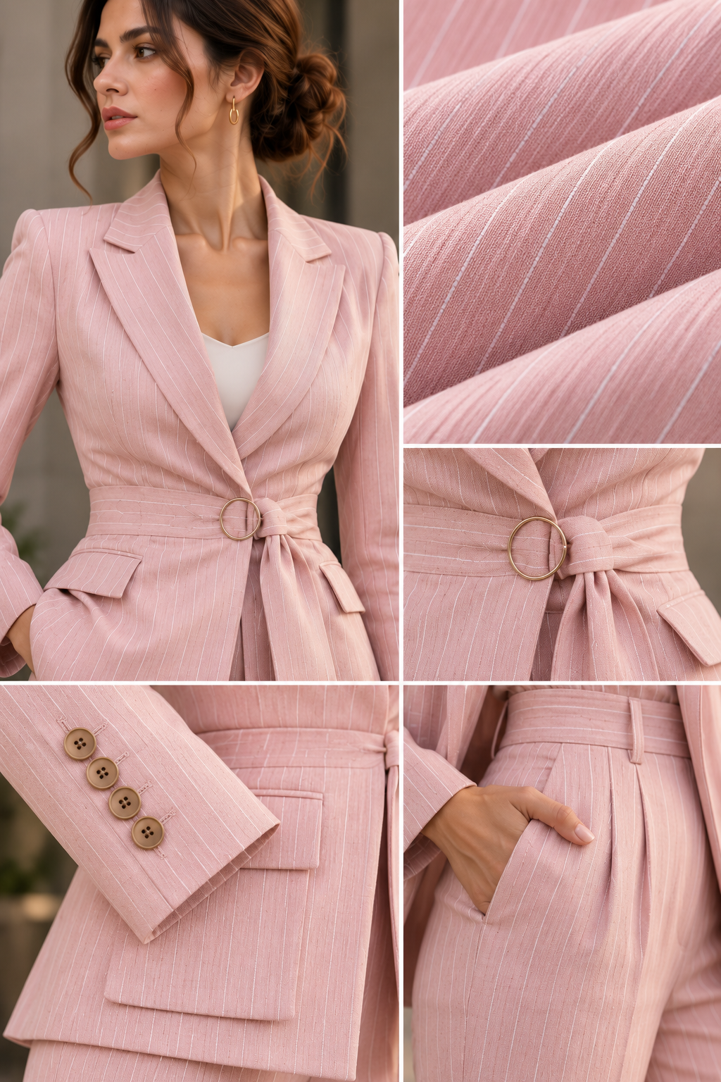 Faminside Blush Pink Pinstripe Belted Wide-Leg Suit
