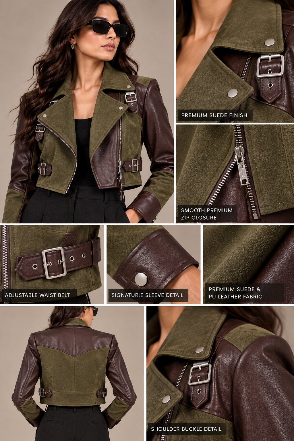 Faminside Olive & Chocolate Suede-Textured PU Cropped Jacket